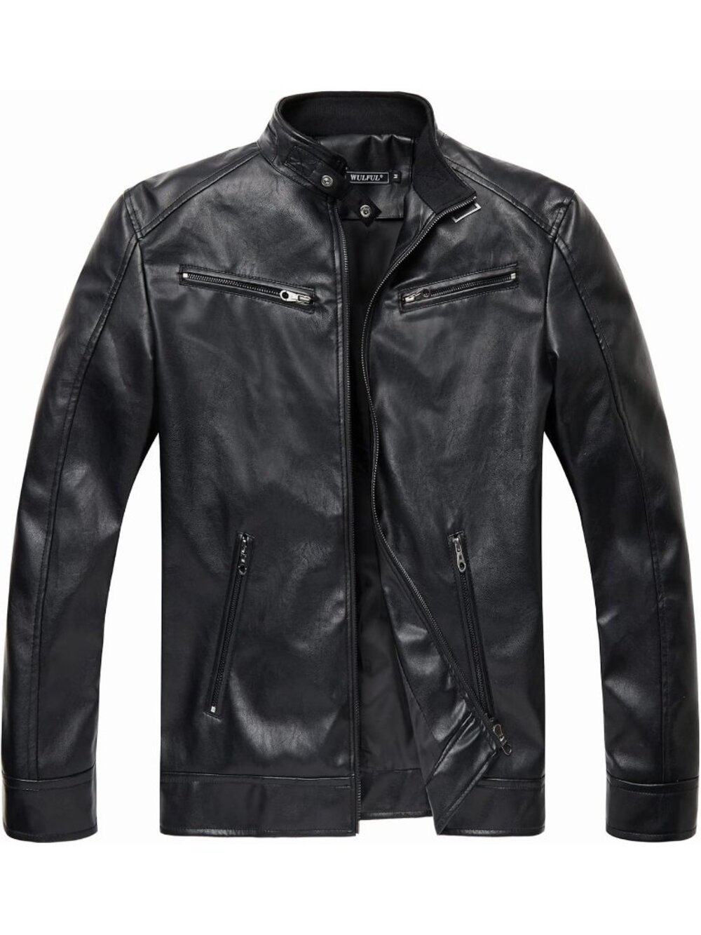 Men’s Faux Leather Motorcycle Jacket Stand Collar Lightweight Biker Coat-Black